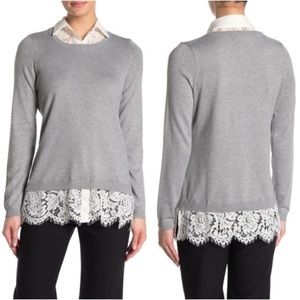 Adrianna Papell Grey Lace Combo Twofer Sweater